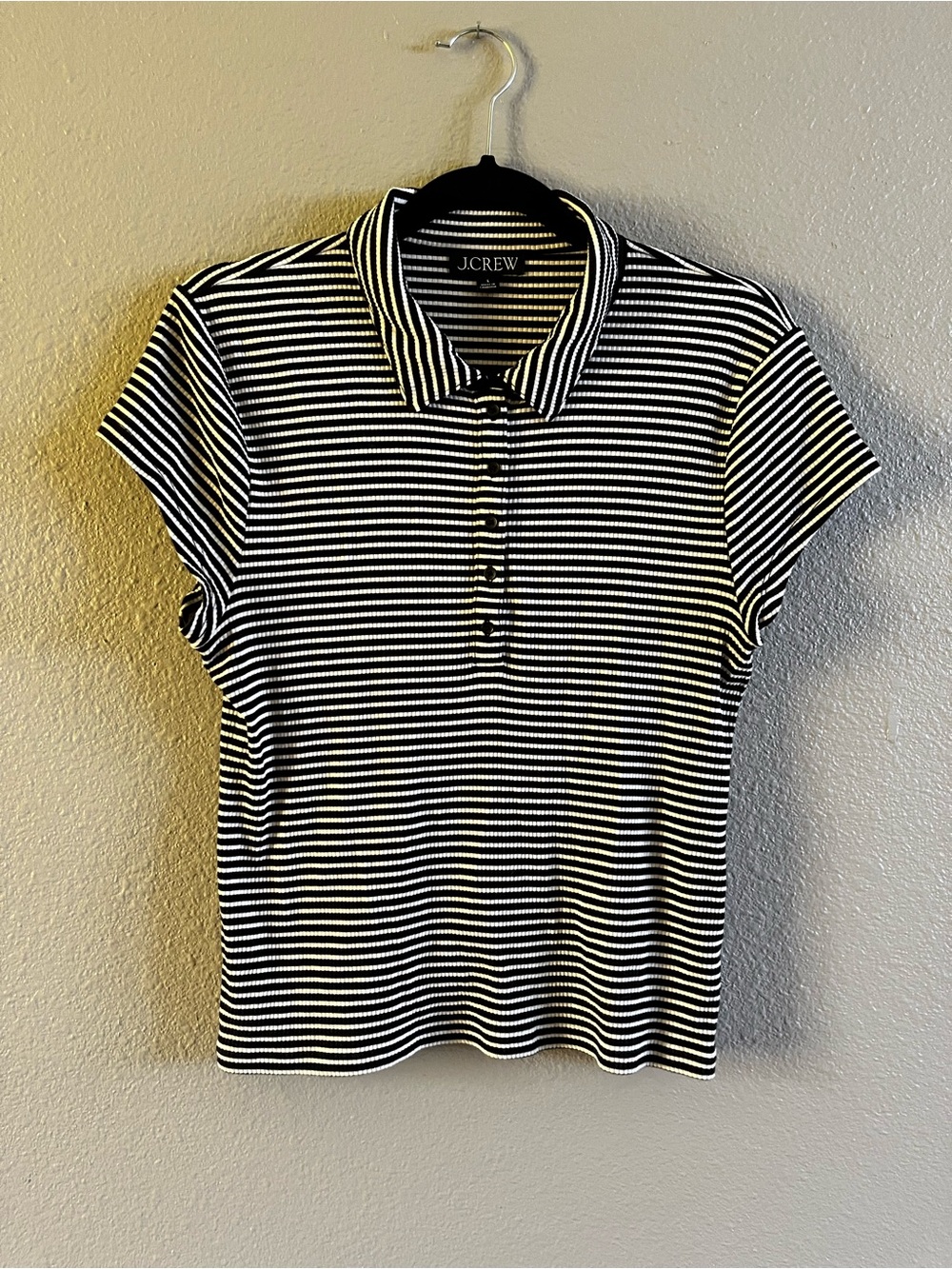 J. Crew Black and White Striped Polo Short Sleeve Tee